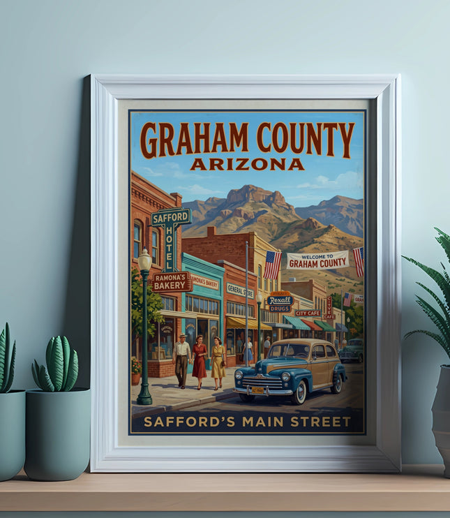 Graham County Arizona poster shows Safford's Main Street with vintage cars and buildings.