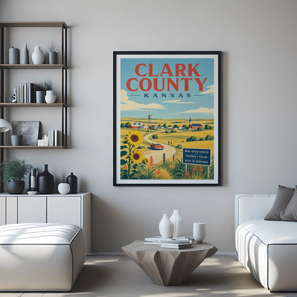 Clark County, Kansas vintage travel poster with sunflower field and barn.