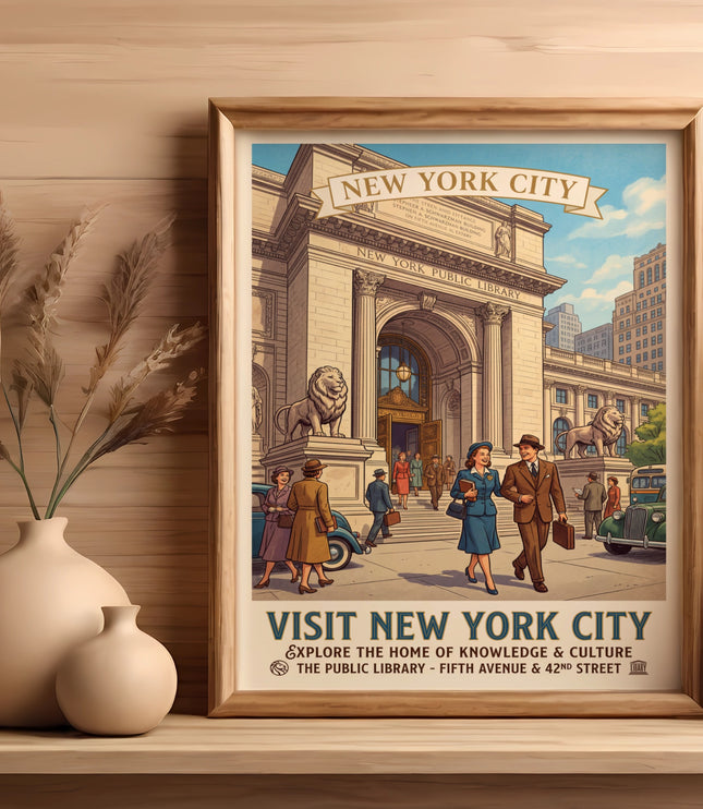 Vintage New York City poster featuring the Public Library with text and people.