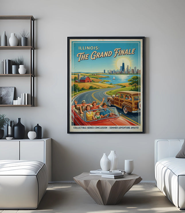 Poster: Illinois: The Grand Finale, vintage style, family in convertible drive past Chicago skyline.