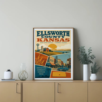Ellsworth County Kansas travel poster with farm and town scenes.