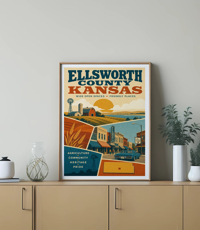 Ellsworth County Kansas travel poster with farm and town scenes.