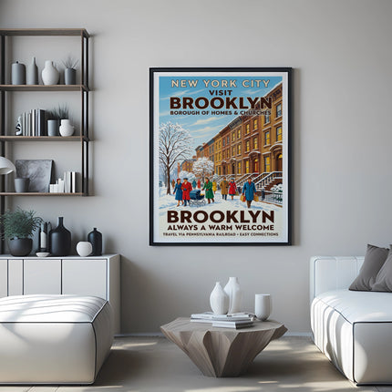 New York City Brooklyn travel poster featuring homes, churches, and people.