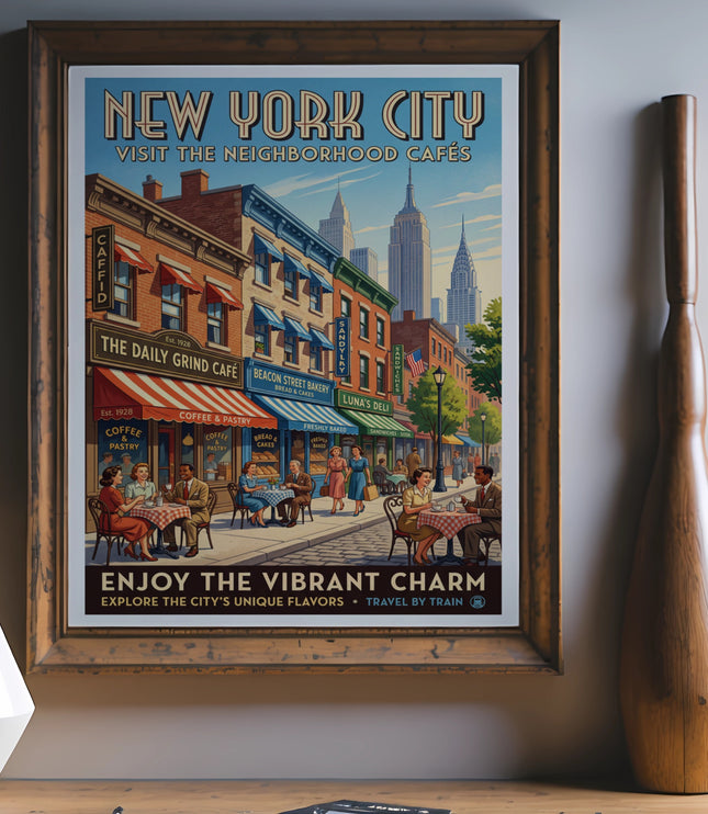 New York City poster with cafés and iconic buildings, people dining outside.