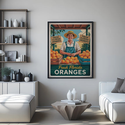 Vintage poster advertising "Fresh Florida Oranges" with a man in a hat.