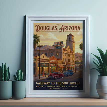 Douglas, Arizona vintage travel poster with Hotel Gadsden and Gateway to the Southwest text.