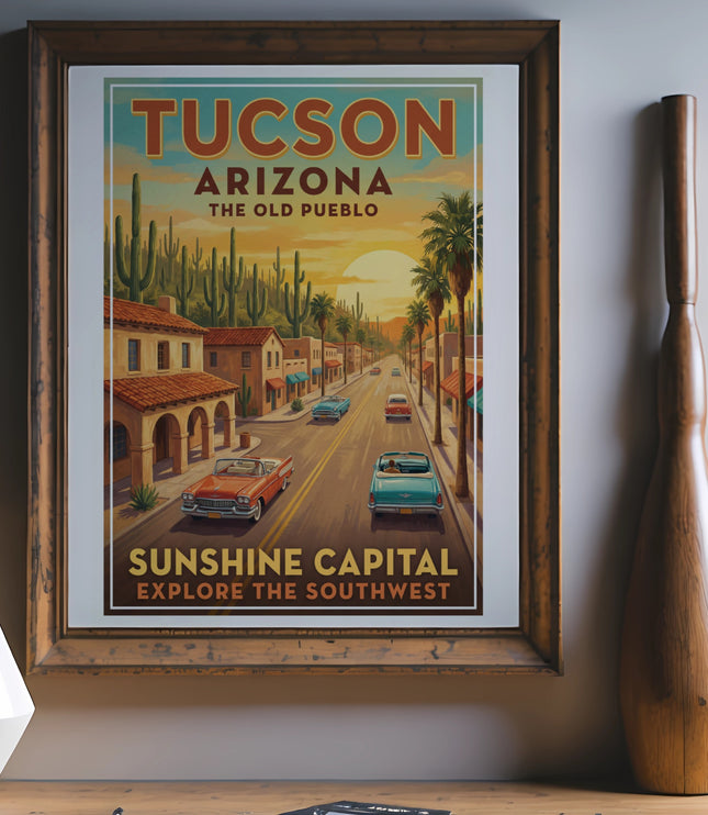 Tucson Arizona travel poster with classic cars and saguaro cacti.