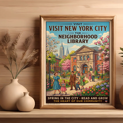 Vintage poster of New York City Public Library with families reading.