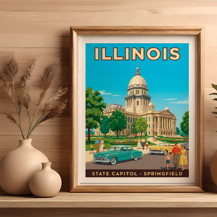 Framed artwork of Illinois State Capitol building in Springfield with vintage cars and people.