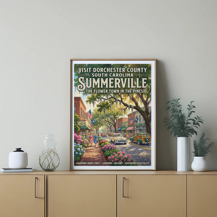 Summerville, South Carolina travel poster with vintage cars and flowers.