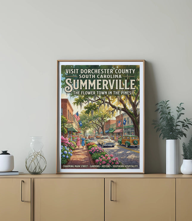 Summerville, South Carolina travel poster with vintage cars and flowers.