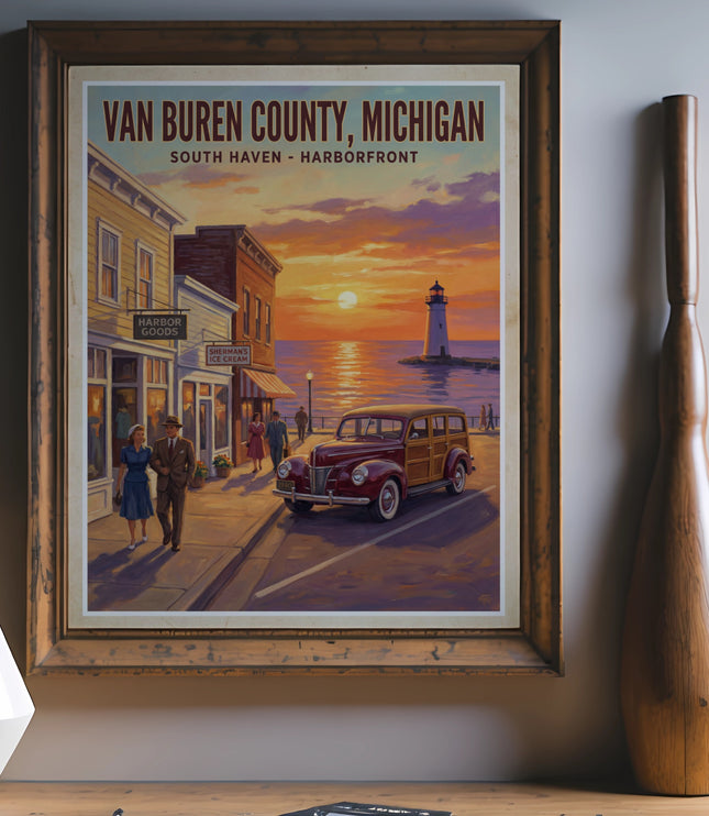 Van Buren County, Michigan poster with lighthouse, vintage car, and couple near shops.