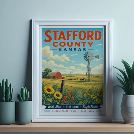 Stafford County Kansas vintage travel poster with farm scene.
