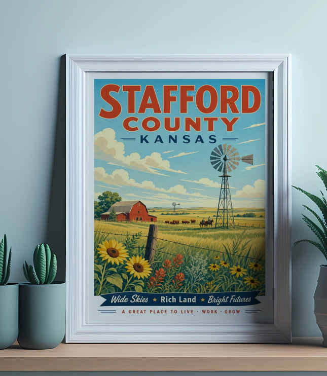 Stafford County Kansas vintage travel poster with farm scene.
