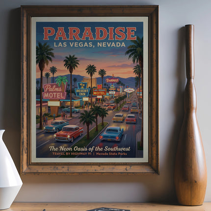 Retro travel poster for Paradise, Las Vegas, Nevada, featuring neon signs and vintage cars.