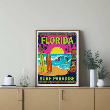 Framed poster with "Florida Surf Paradise" text, surfboards, and ocean scene.