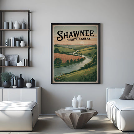 Shawnee, County, Kansas vintage travel poster on wall above coffee table.