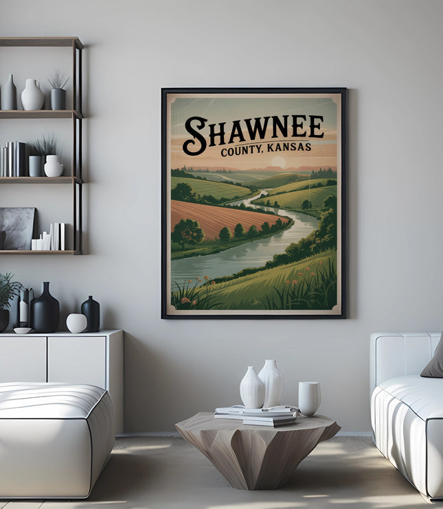 Shawnee, County, Kansas vintage travel poster on wall above coffee table.