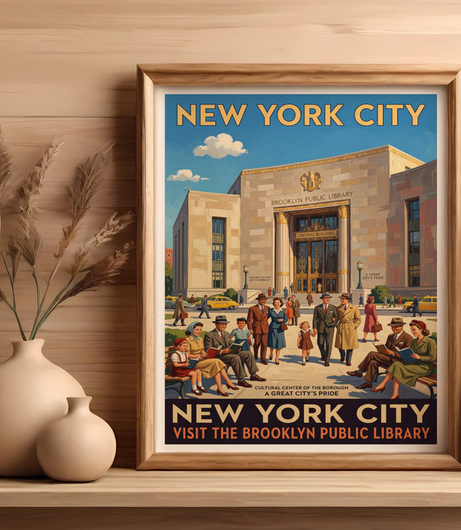 Vintage New York City poster featuring the Brooklyn Public Library with people reading outdoors.