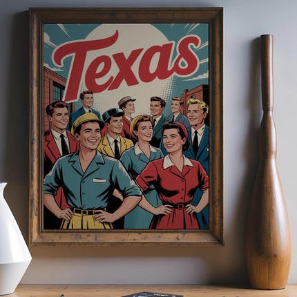 Retro painting of smiling people with "Texas" text in a wooden frame.