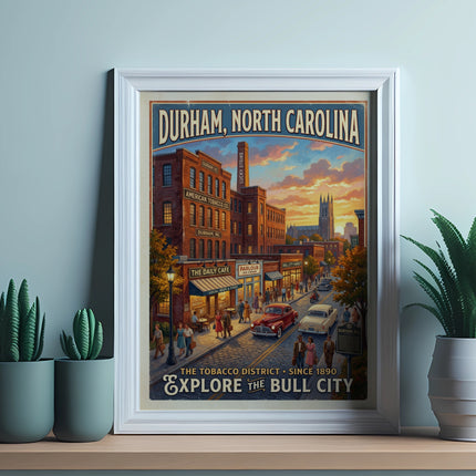 Durham, North Carolina poster showing historic tobacco buildings and street scene.