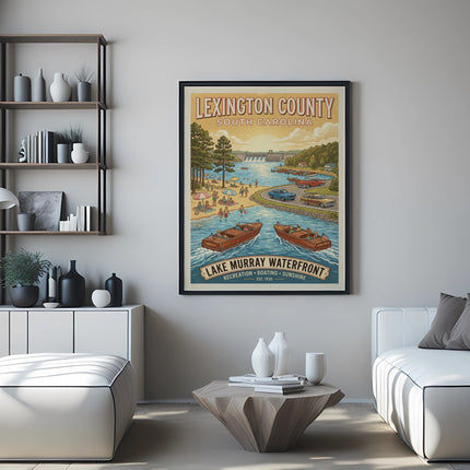 Lexington County South Carolina Lake Murray Waterfront poster with boats and beach scene.
