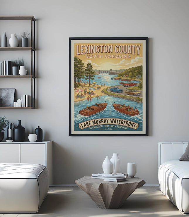 Lexington County South Carolina Lake Murray Waterfront poster with boats and beach scene.