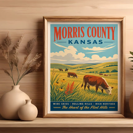 Morris County Kansas vintage travel poster with cows in a field.