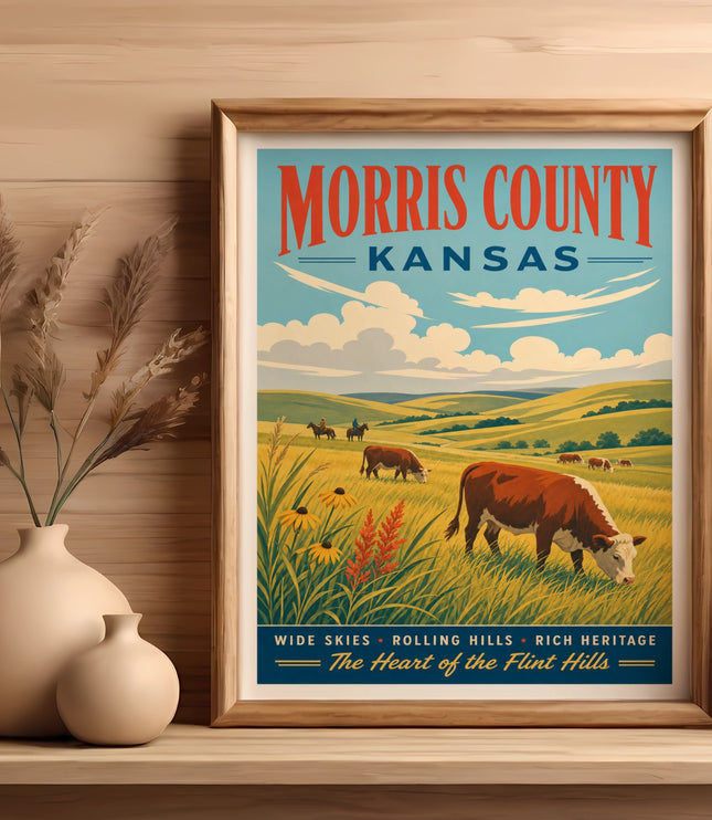 Morris County Kansas vintage travel poster with cows in a field.