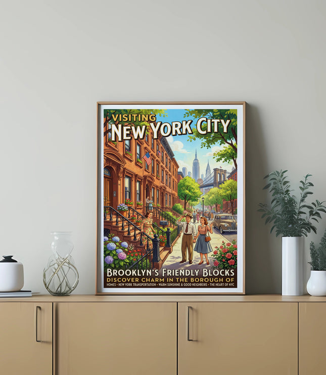 Vintage poster of Brooklyn's Friendly Blocks with a couple walking on a street.