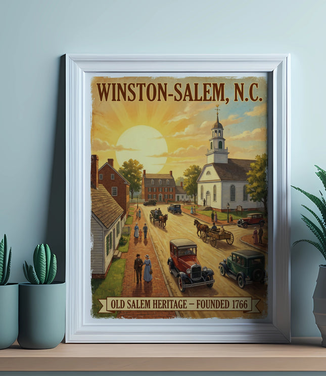 Framed print of Winston-Salem, NC with historic buildings, vintage cars, and "Old Salem Heritage - Founded 1766."