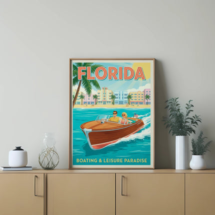 Vintage Florida travel poster with couple in boat, palm trees, and buildings.