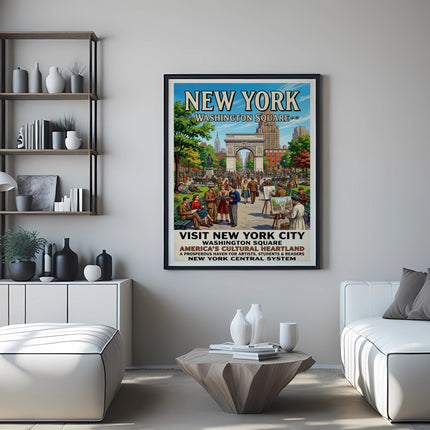 New York City poster depicting Washington Square Arch and crowds.