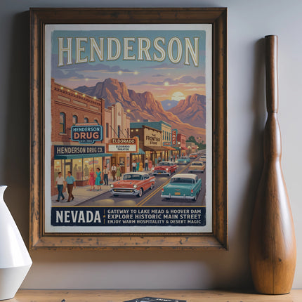 Vintage travel poster for Henderson, Nevada, featuring a historic main street scene at sunset.