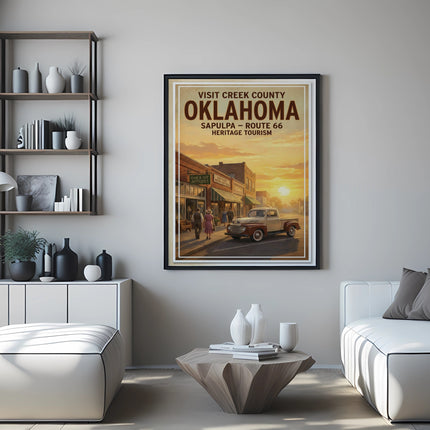 Vintage Oklahoma Route 66 poster with Sapulpa heritage tourism theme.