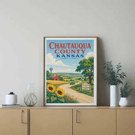 Vintage Chautauqua County Kansas travel poster with sunflowers and a scenic road.