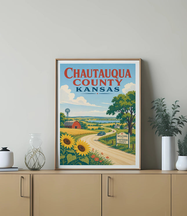 Vintage Chautauqua County Kansas travel poster with sunflowers and a scenic road.
