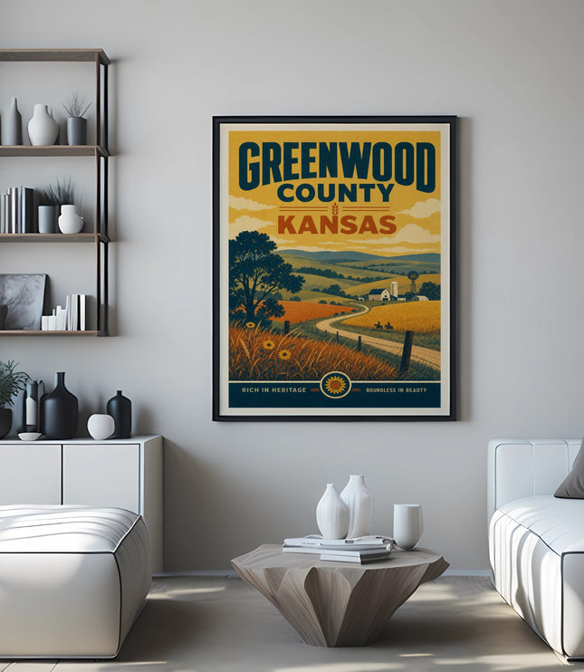 Greenwood County Kansas poster with rolling hills and fields.