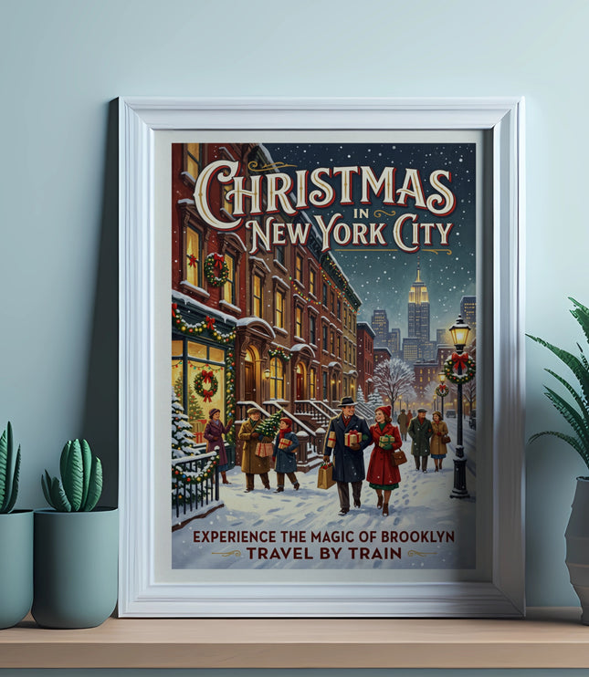 Christmas in New York City vintage poster with Empire State Building and people walking in snow.
