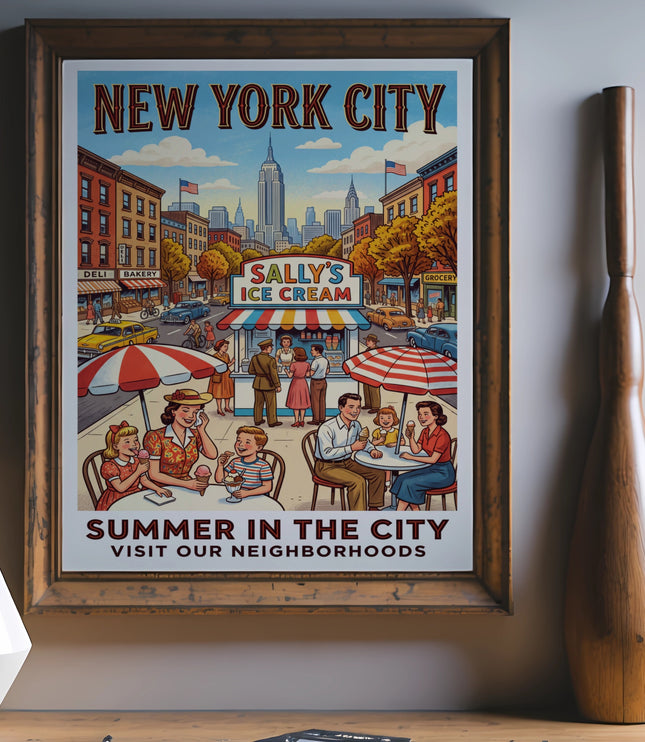New York City poster with families at Sally's Ice Cream and city skyline.