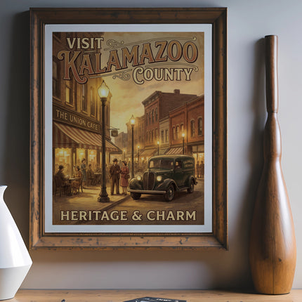 Vintage poster featuring "Visit Kalamazoo County Heritage & Charm" with street scene.