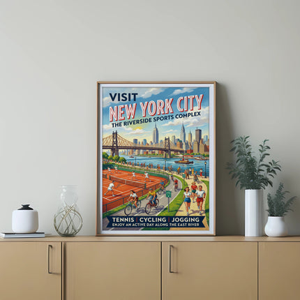 Poster: Visit New York City Riverside Sports Complex, active day on East River.