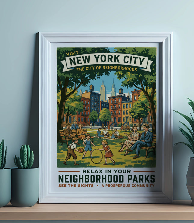 New York City neighborhood parks poster featuring families and city skyline.