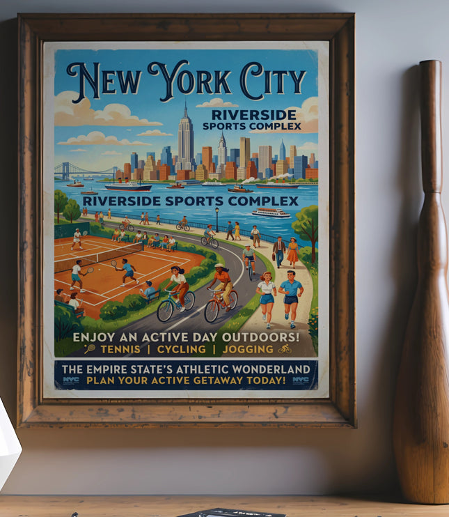 New York City Riverside Sports Complex poster with activities: tennis, cycling, jogging.