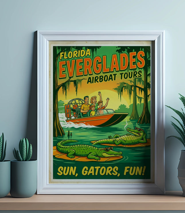 Florida Everglades Airboat Tours poster featuring a family on an airboat and alligators.