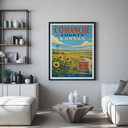 Comanche County Kansas vintage travel poster with sunflowers and farm scene.