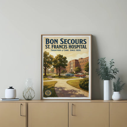 Bon Secours St. Francis Hospital poster with vintage cars and trees.