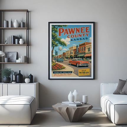 Pawnee County, Kansas vintage travel poster with cars and buildings.