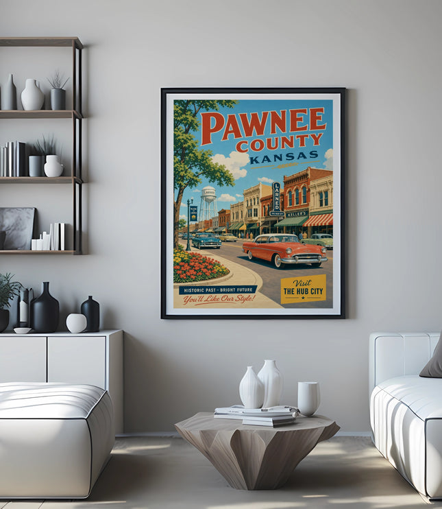 Pawnee County, Kansas vintage travel poster with cars and buildings.