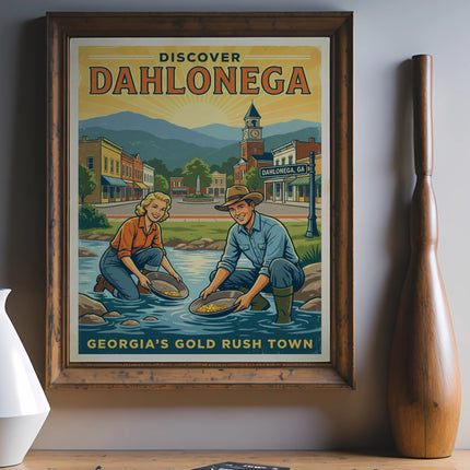 Dahlonega, Georgia Gold Rush poster with prospectors panning for gold.
